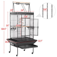 "Chic & Roomy 68.5'' Black Metal Rolling Bird Cage - The Ultimate Aviary for Your Parrots!"