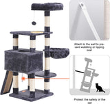 "Smoky Gray Multi-Level Cat Tower with Scratching Board & Feeding Bowl – Perfect Indoor Condo for Your Feline Friend!"