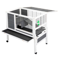 36-Inch Wooden Rabbit, Chicken and Guinea Pig Hutch with Wire Floor, Wheels, and Leak-Proof Tray for Indoor Use 