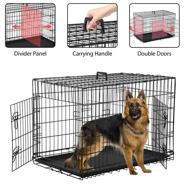 Premium 42 Inch Foldable Dog Crate – Spacious Double-Door Metal Wire Kennel with Handle & Removable Plastic Tray for Large & Medium Dogs – Ideal for Home & Outdoor Use 