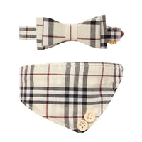 Adjustable Leather Plaid Dog Collar and Leash Set with Bow Tie, Bandana Necktie for Small Dogs