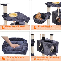 "Smoky Gray Multi-Level Cat Tower with Scratching Board & Feeding Bowl – Perfect Indoor Condo for Your Feline Friend!"