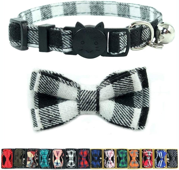 Adjustable Breakaway Cat Collar with Bell, Bow Tie, and Plaid Design - Black