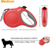 Ultimate Retractable Dog Leash with Poop Bag Dispenser - 16 Ft Tangle-Free Walk for Medium Dogs & Cats (Up to 44 Lbs) - Anti-Slip Handle & Reflective Nylon Tape (M, Red)