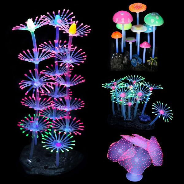 4 Pack Glow Aquarium Decorations Coral Reef Glowing Mushroom Anemone Simulation Glow Plant Glowing Effect Silicone for Fish Tank Decorations