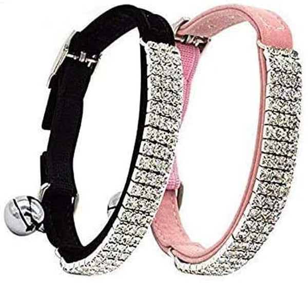 Adjustable Soft Velvet Cat Collar with Bling Diamante, Bells, and 2 Pcs in Black and Pink