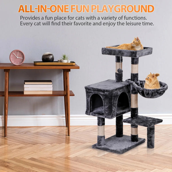 Deluxe 36" Gray Cat Tree Tower with Hammock & Scratching Posts 