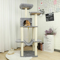 "Multi-Level Cat Tree Scratching Tower with Condo, Hammock, and Interactive Toy Ball"