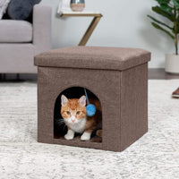 "Cozy Collapsible Cat House & Footstool with Plush Toy - Coconut Brown, Small"