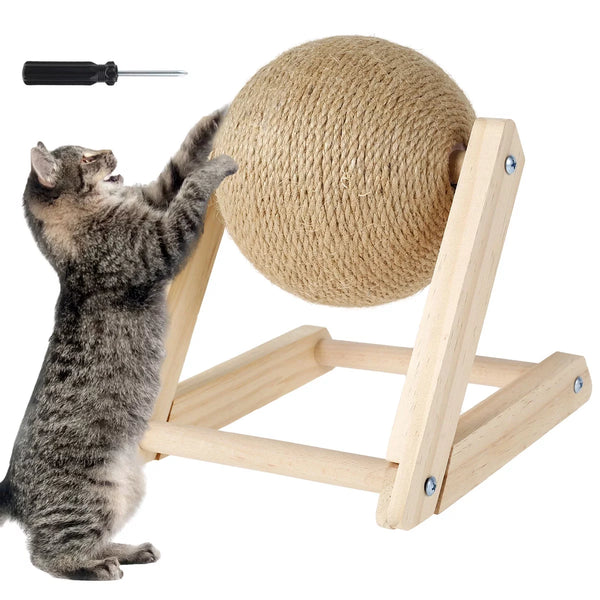 Interactive Cat Scratching Ball with Sisal Scratcher and Catnip - Solid Wood Design - 7X7X6.3 Inches