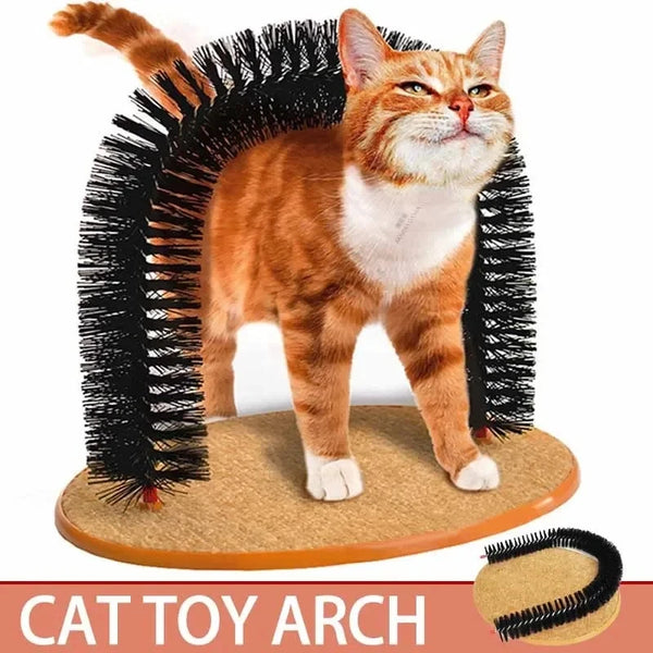 Interactive Cat Toy Arch with Grooming Brush and Scratching Pad