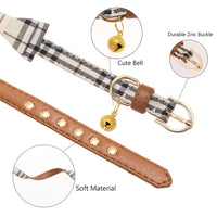 Adjustable Leather Plaid Dog Collar and Leash Set with Bow Tie, Bandana Necktie for Small Dogs