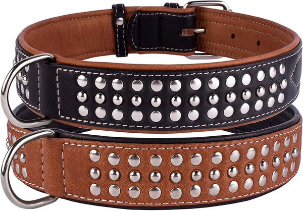 Leather Studded Dog Collar with Soft Padding for Small, Medium, and Large Dogs - Brown (Neck Fit 23" - 26")