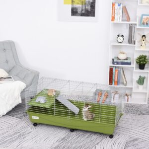47-Inch Deluxe Small Animal Habitat Cage with Platform Ramp, Food Dish, Water Bottle & Locking Wheels